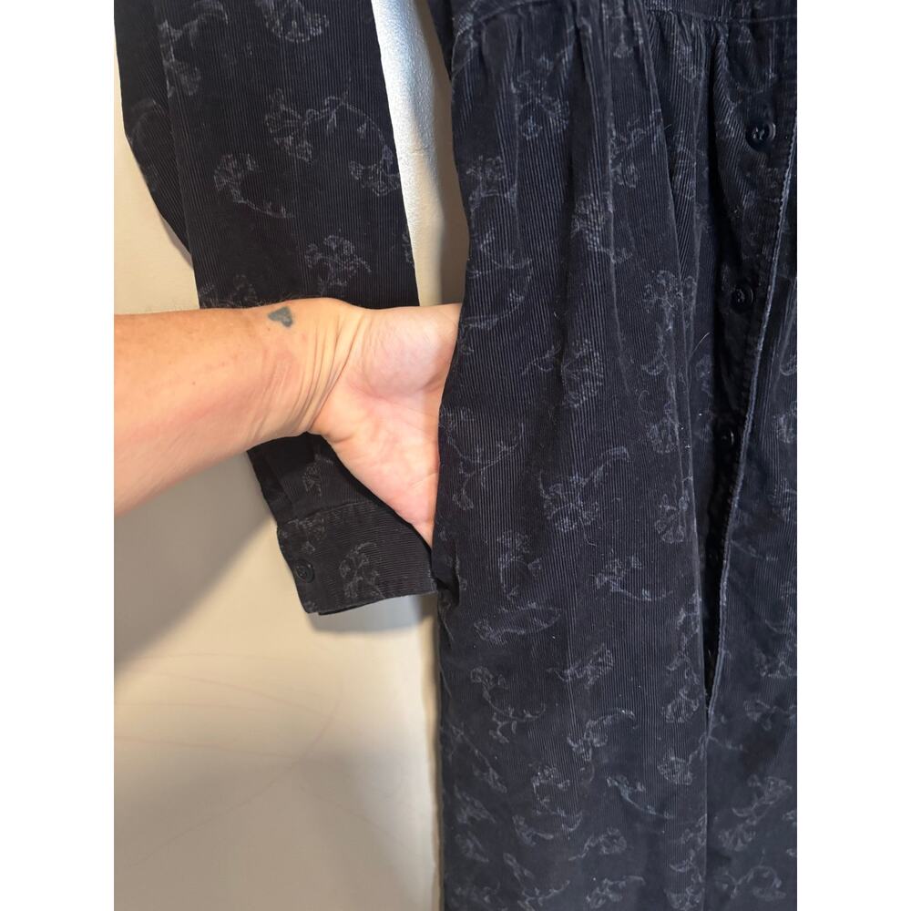 L.L.Bean Black Midi Dress Long Sleeve Button Front Floral Cottagecore Sz 12 - Picture 4 of 5